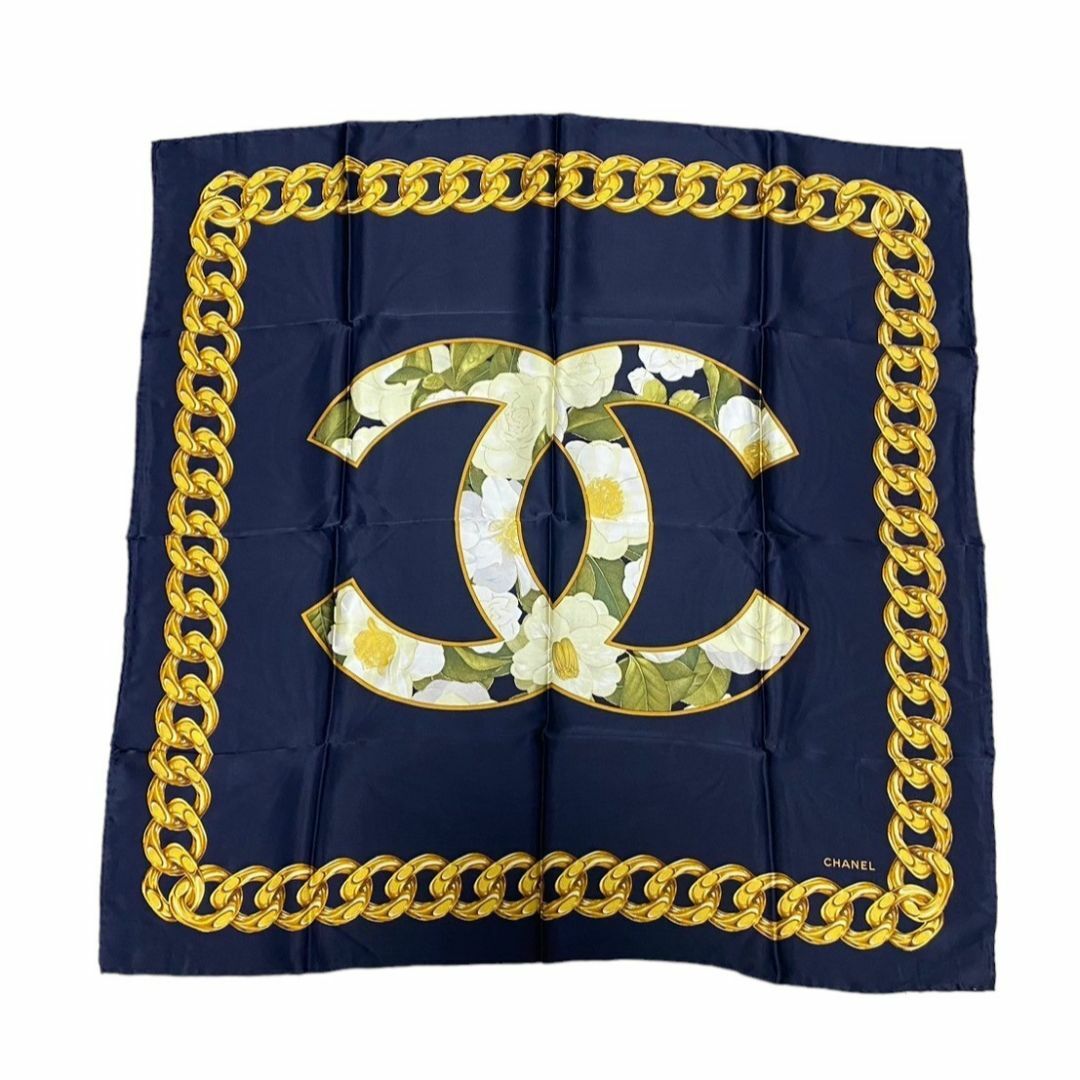 CHANEL シャネル スカーフ ネイビー 花柄 CHANEL シャネル スカーフ ネイビー 花柄