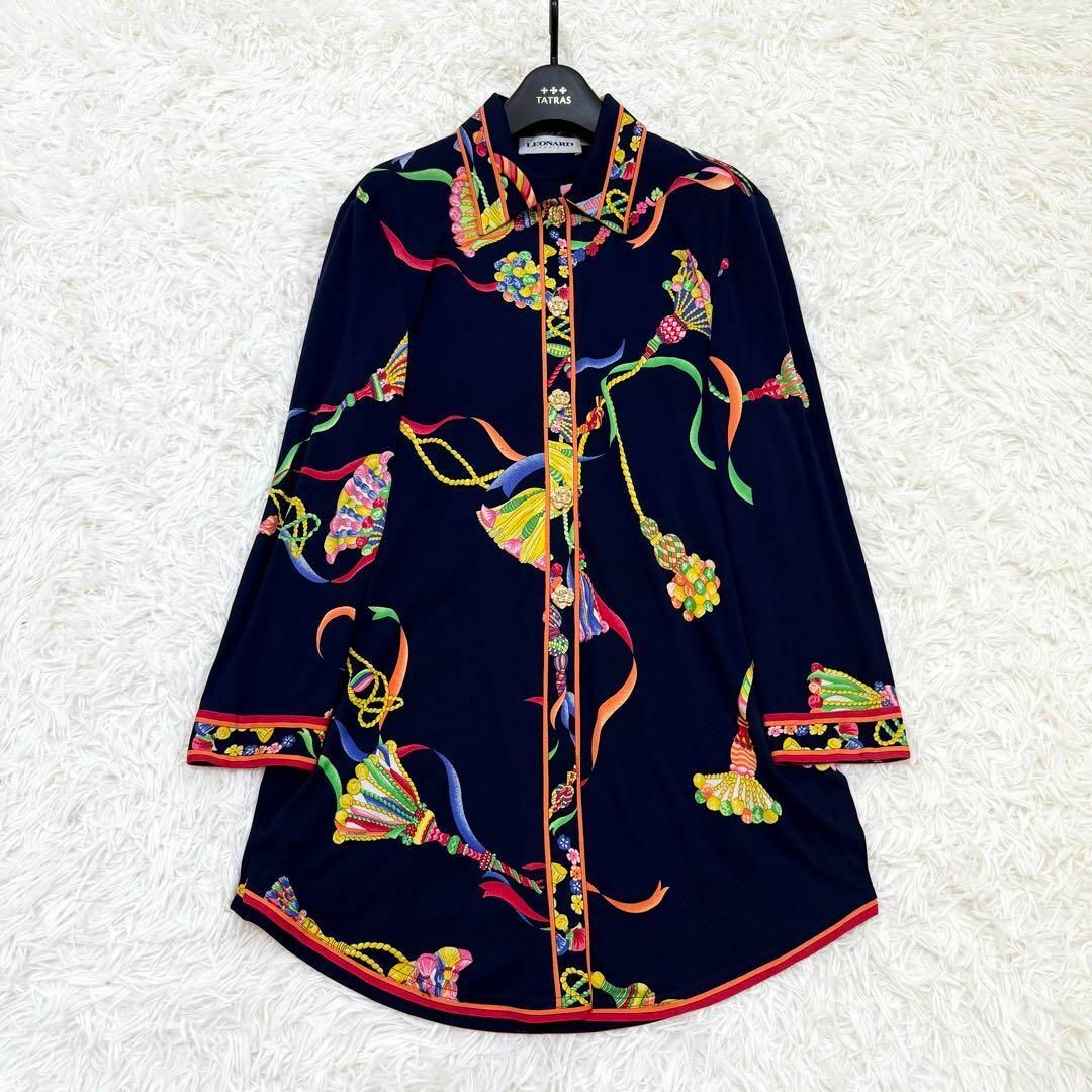 LEONARD ロングシャツ 花柄 宝石 トリム 金ボタン シルク 大きい LEONARD ロングシャツ 花柄 宝石 トリム 金ボタン シルク 大きい