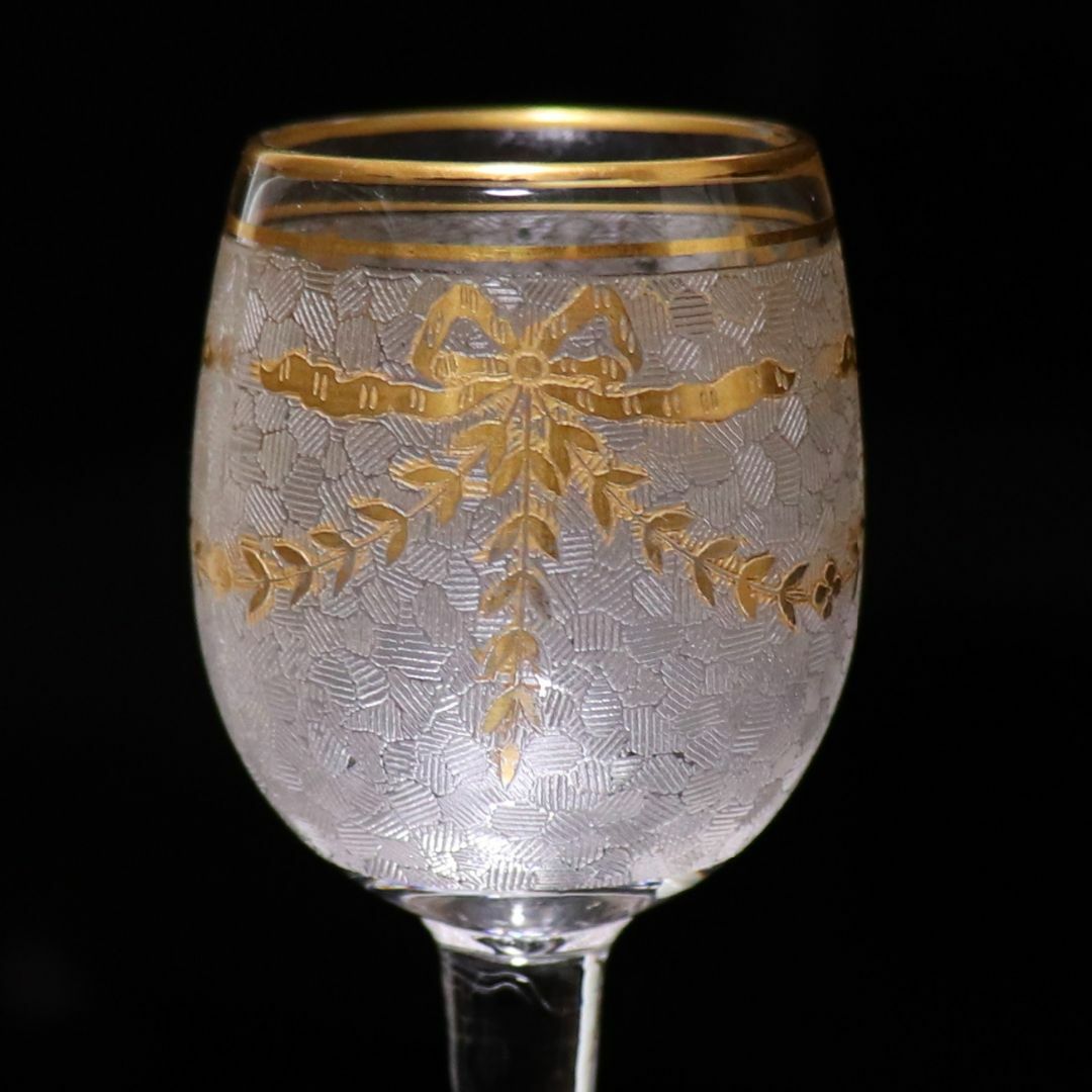 オールド・バカラ 1900年頃 崩し市松紋エッチング金彩リボン文 オールド・バカラ 1900年頃 崩し市松紋エッチング金彩リボン文