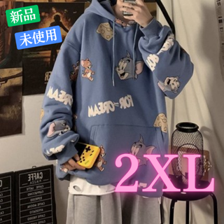 トムとジェリー フード パーカー 総柄グラフィック ブルー(パーカー)