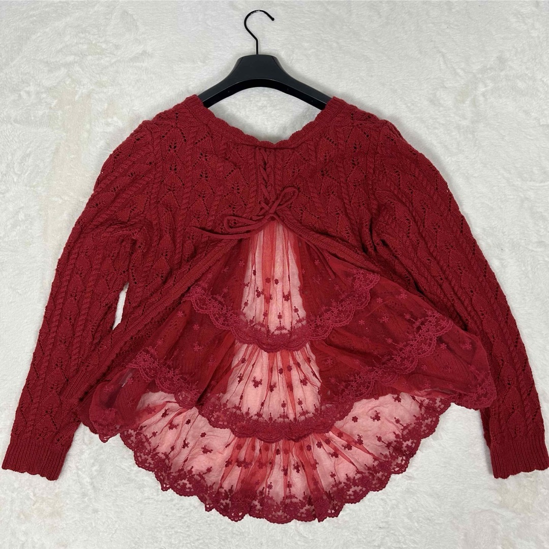 美品❗️PINK HOUSE カーディガン レース ドッキング ニット 赤 美品❗️PINK HOUSE カーディガン レース ドッキング ニット 赤