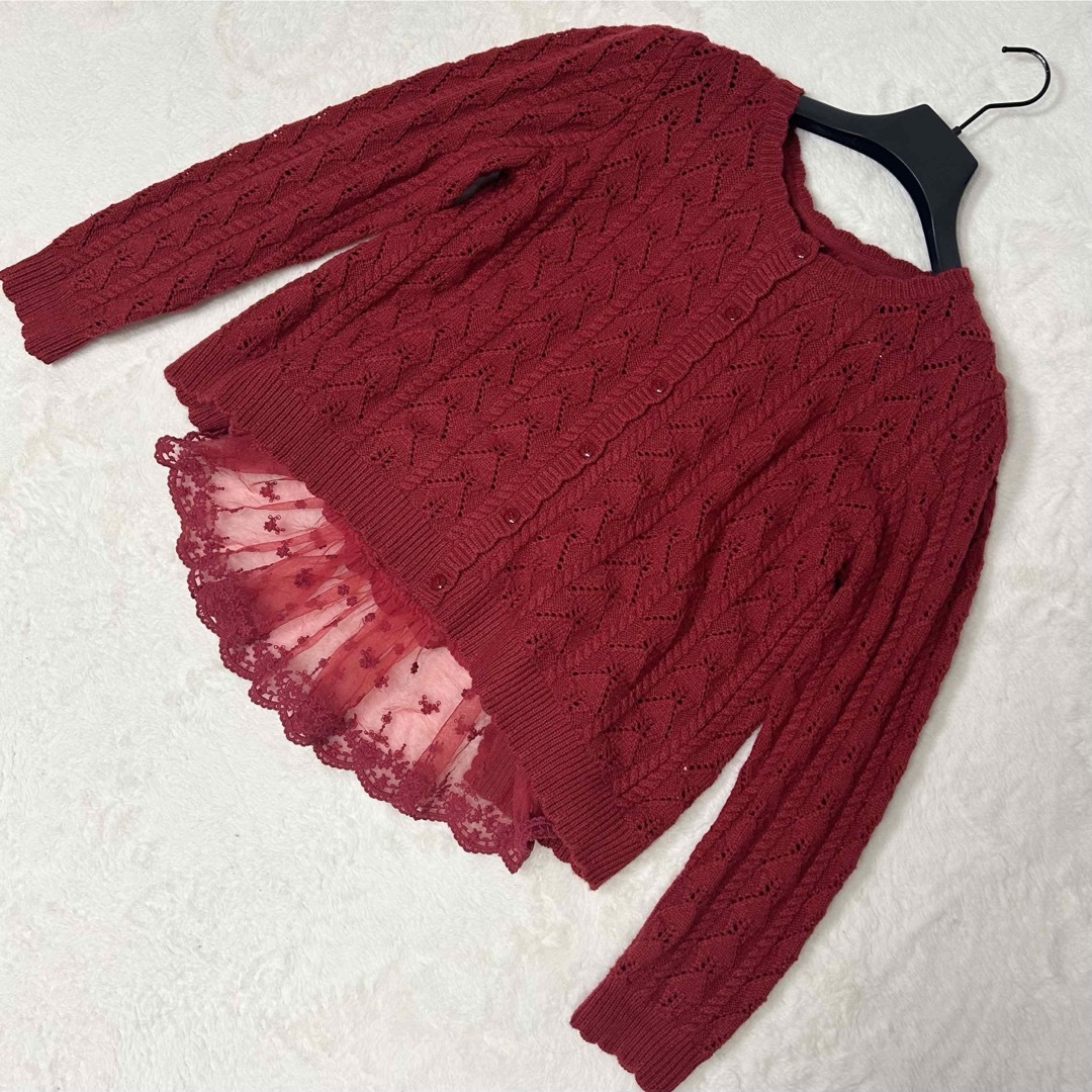 美品❗️PINK HOUSE カーディガン レース ドッキング ニット 赤 美品❗️PINK HOUSE カーディガン レース ドッキング ニット 赤