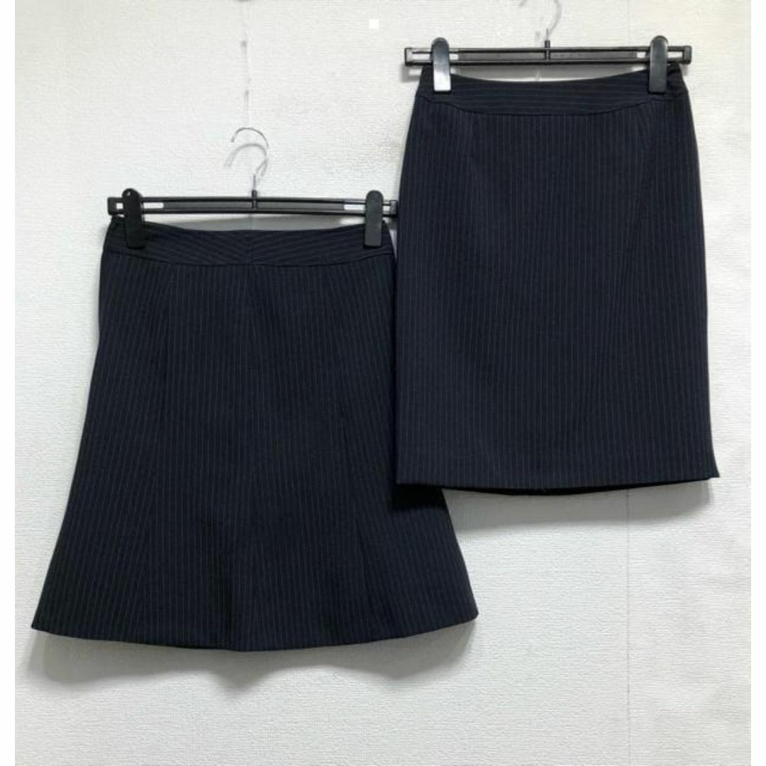 新品☆7号S紺系ストライプ♪タイト＆フレアスカートスーツ♪お