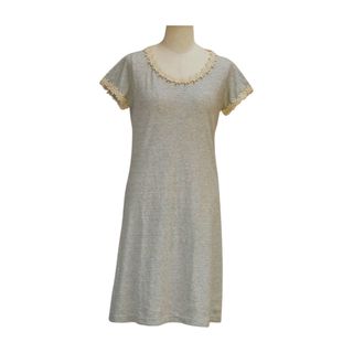 アニエスベー(agnes b.)のアニエスベー ｂ.green !! by agnes.b カットソー ワンピース 花 刺しゅう ボーダー グレー 日本製 コットン レディース F-S4588(ミニワンピース)