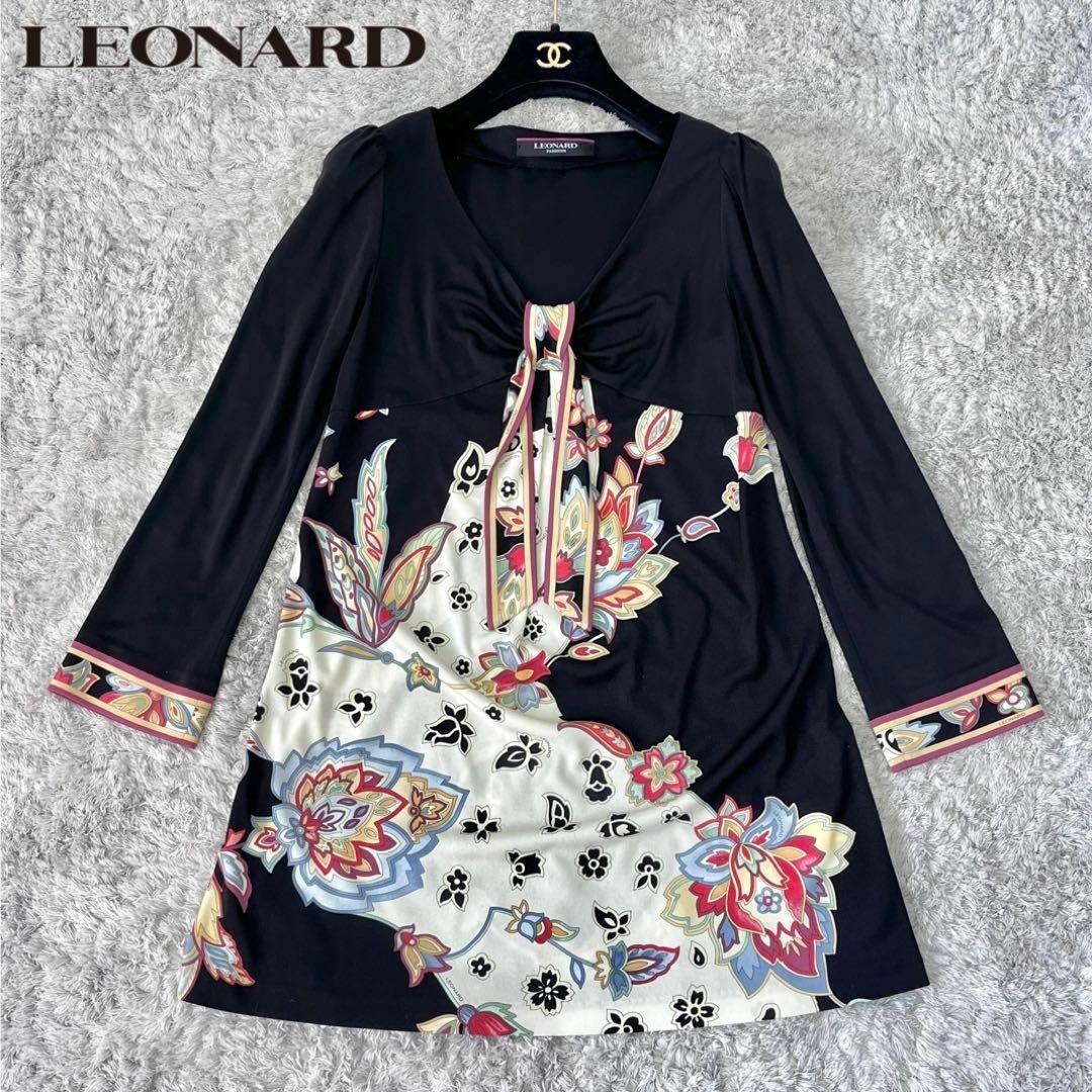 美品☆LEONARD レオナール 花柄 トリム カンカン素材 リボン 美品☆LEONARD レオナール 花柄 トリム カンカン素材 リボン