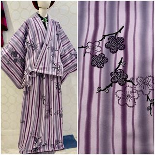 着物リメイク 紫 縦ライン ショート丈羽織 ロングスカート(セット/コーデ)
