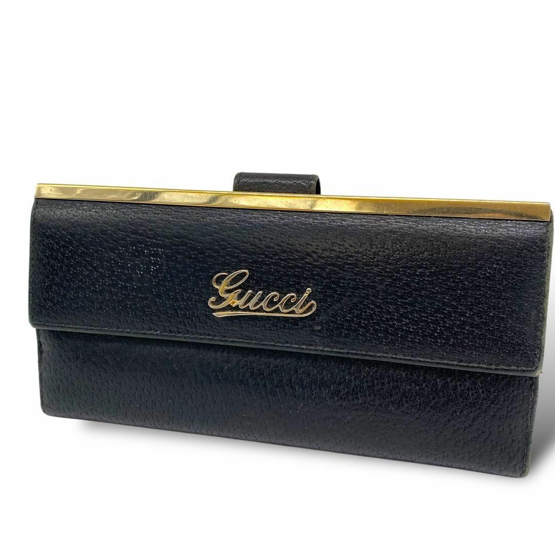 GUCCI グッチ 長財布 がま口 筆記体ロゴ 本革 レザー ブラック 黒 GUCCI グッチ 長財布 がま口 筆記体ロゴ 本革 レザー ブラック 黒