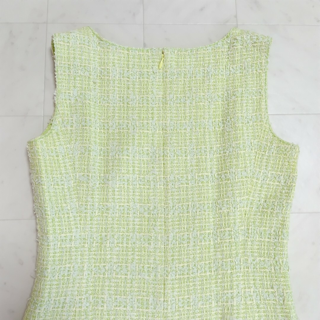 美品【Harrods】ツイード ワンピース 2 ノースリーブ タイト 黄 美品【Harrods】ツイード ワンピース 2 ノースリーブ タイト 黄