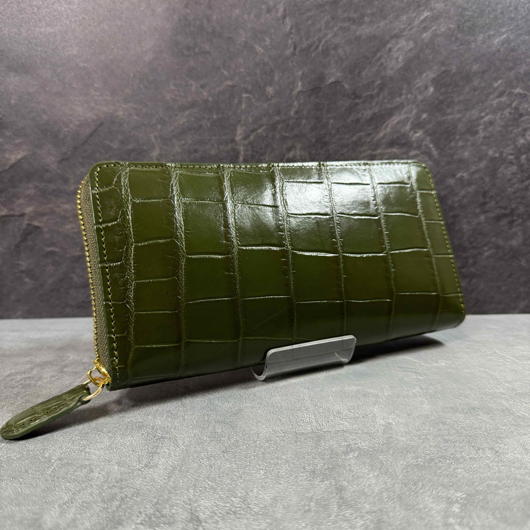 クロコダイル 長財布 本革 グリーン オリーブ 希少ワニ革財布 クロコダイル 長財布 本革 グリーン オリーブ 希少ワニ革財布