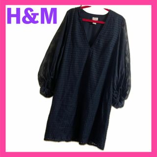 エイチアンドエム(H&M)のH&M ワンピース パフ バルーン 袖 ネイビー セレモニー ひざ上丈(ひざ丈ワンピース)