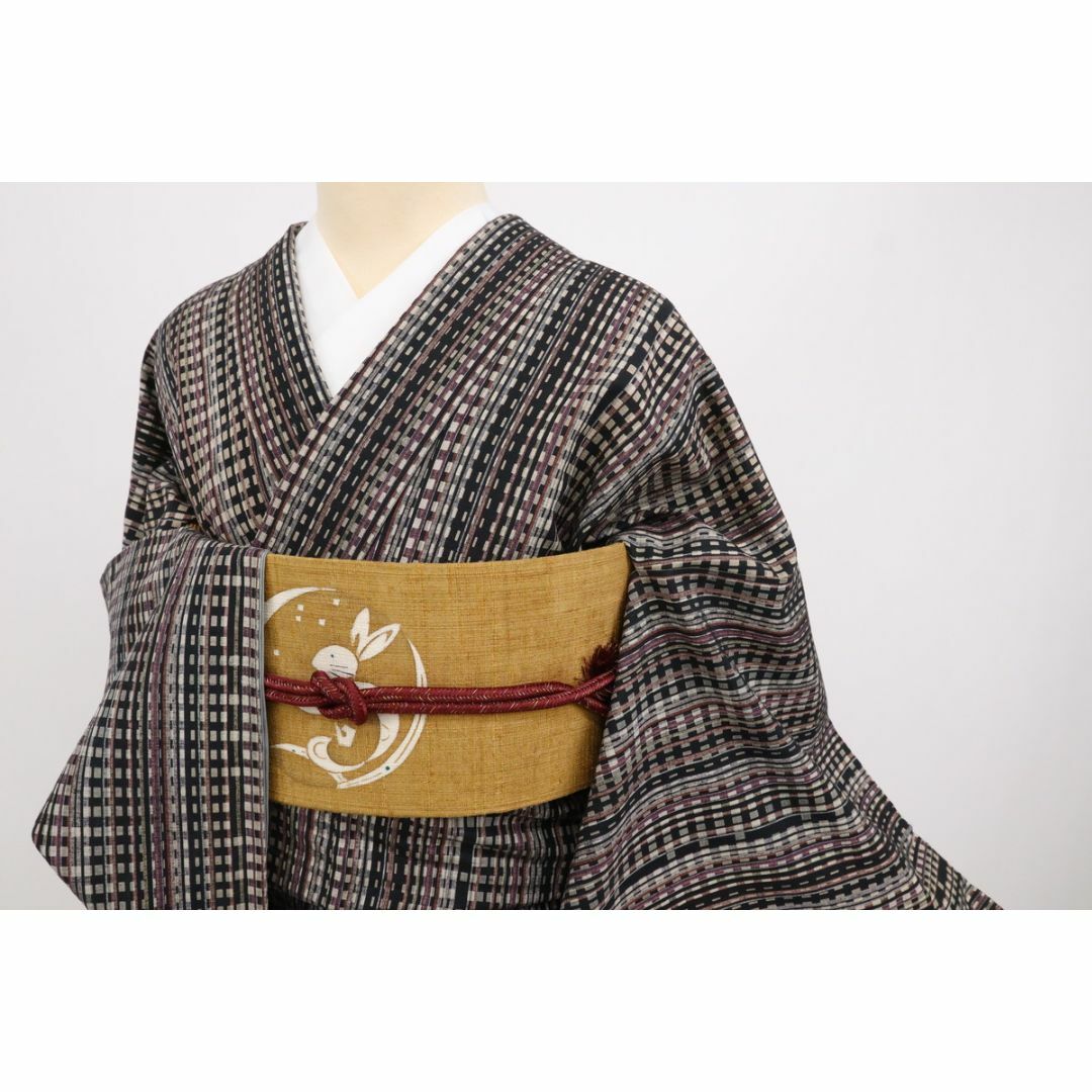 長尺『漢方染紬』菅原工房*菅原結□縞に格子□落款有◇袷正絹 長尺『漢方染紬』菅原工房*菅原結□縞に格子□落款有◇袷正絹