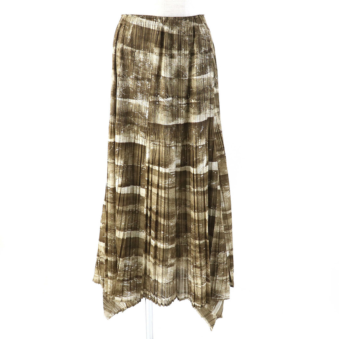 極美品△PLEATS PLEASE プリーツプリーズ イッセイミヤケ PP31-JG924 グラフィックプリント 裾変形デザイン スカート ブラウン系 4 日本製 正規品 レディース オススメ◎