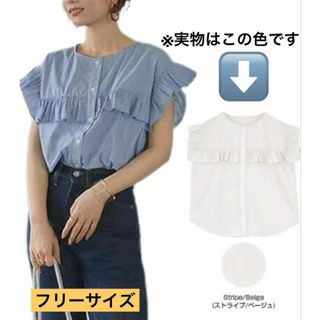 フリルブラウス レディース 半袖シャツ フリーサイズ　ベージュ　ストライプ(シャツ/ブラウス(半袖/袖なし))