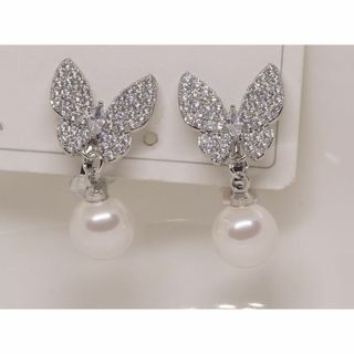 18K RGP プラチナ ダイヤ CZ 蝶々パール イヤリング yp5053(イヤリング)