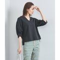 【NAVY】【S(36)】Vネック パフスリーブ ブラウス OX