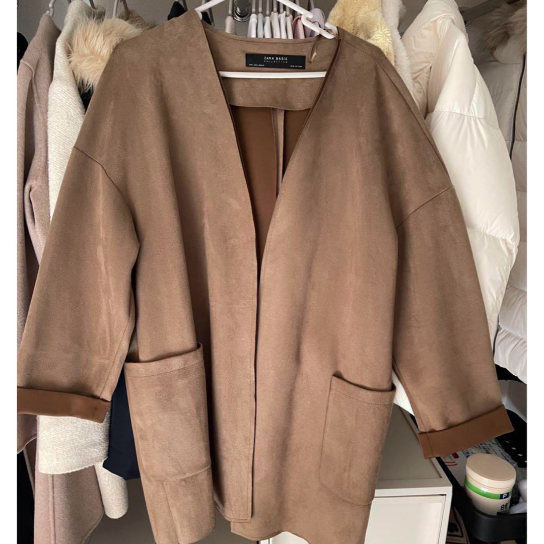 ZARA - ZARA BASIC ブラウン ノーカラージャケット Lサイズの ZARA - ZARA BASIC ブラウン ノーカラージャケット Lサイズの