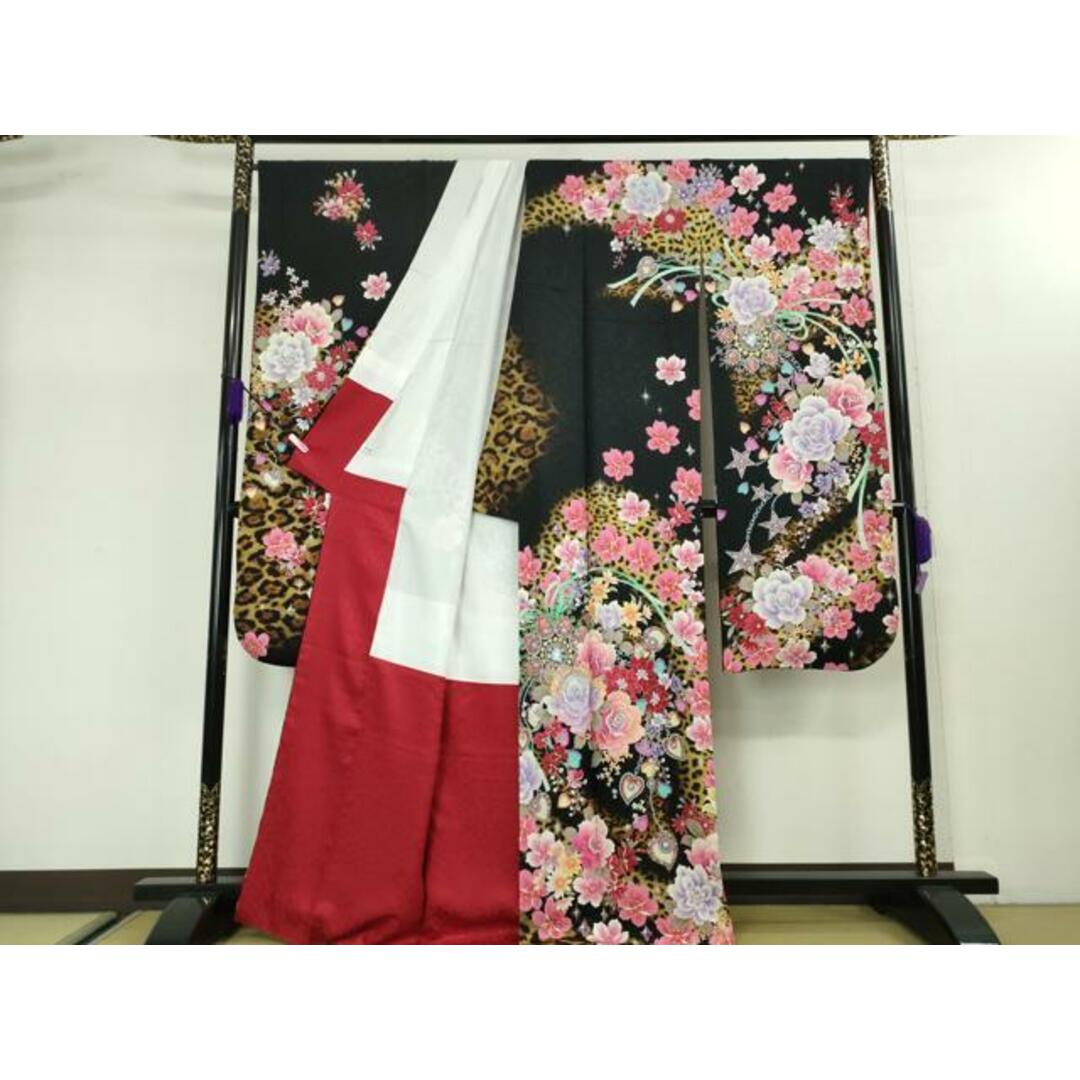 平和屋本店□極上 振袖 ヒョウ柄 薔薇 宝石 黒地 金糸 銀通し地 平和屋本店□極上 振袖 ヒョウ柄 薔薇 宝石 黒地 金糸 銀通し地