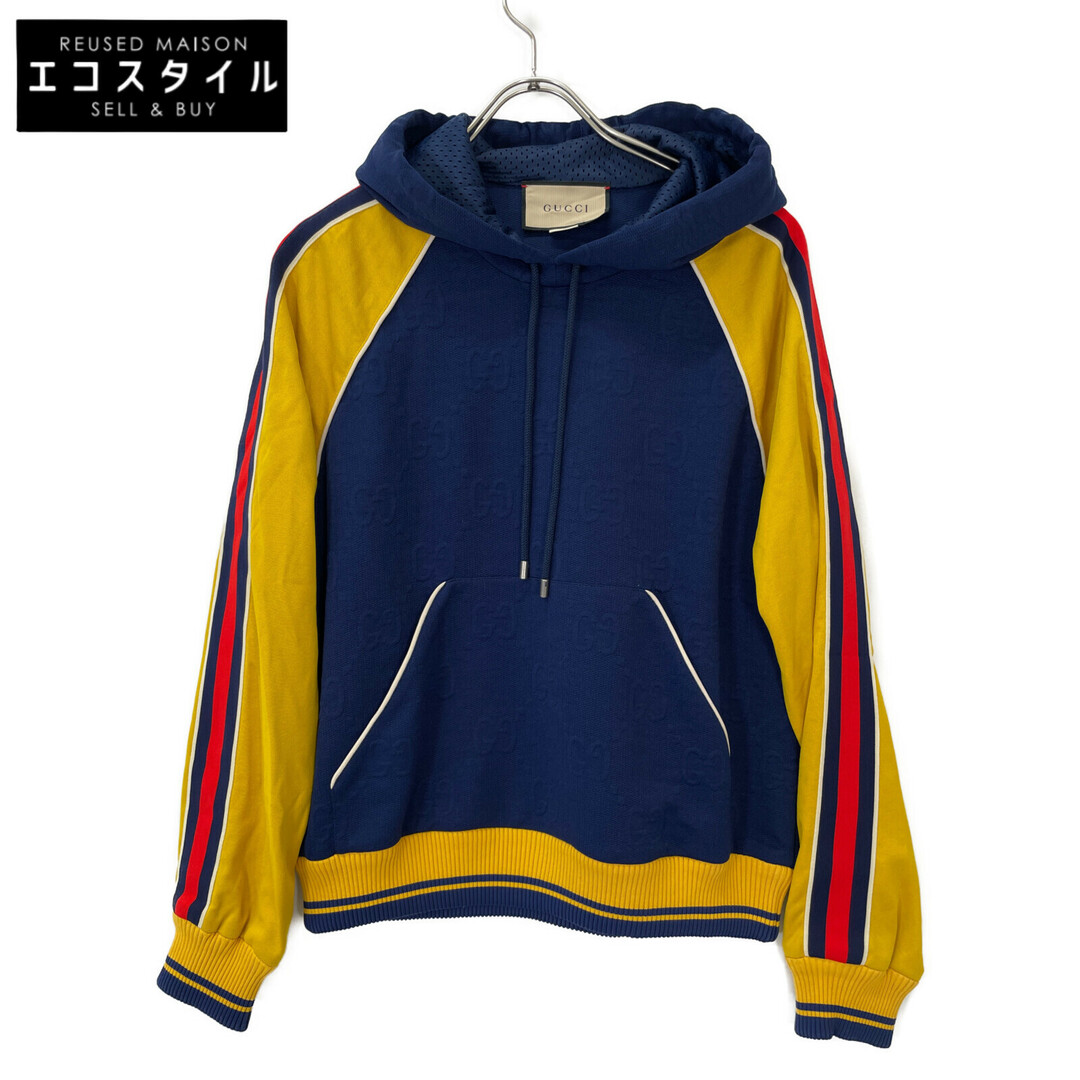 GUCCI - グッチ 23AW 676100 ネイビー×イエロー GGジャガード スウェットフーディ GUCCI - グッチ 23AW 676100 ネイビー×イエロー GGジャガード スウェットフーディ