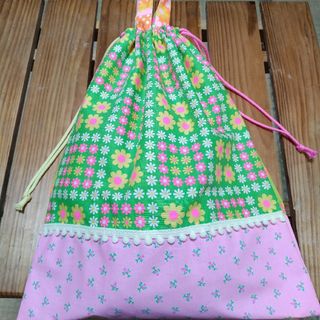 T12入園入学準備　ピンクス　花柄　水玉pinks　体育着袋　お着替え袋　巾着袋(体操着入れ)