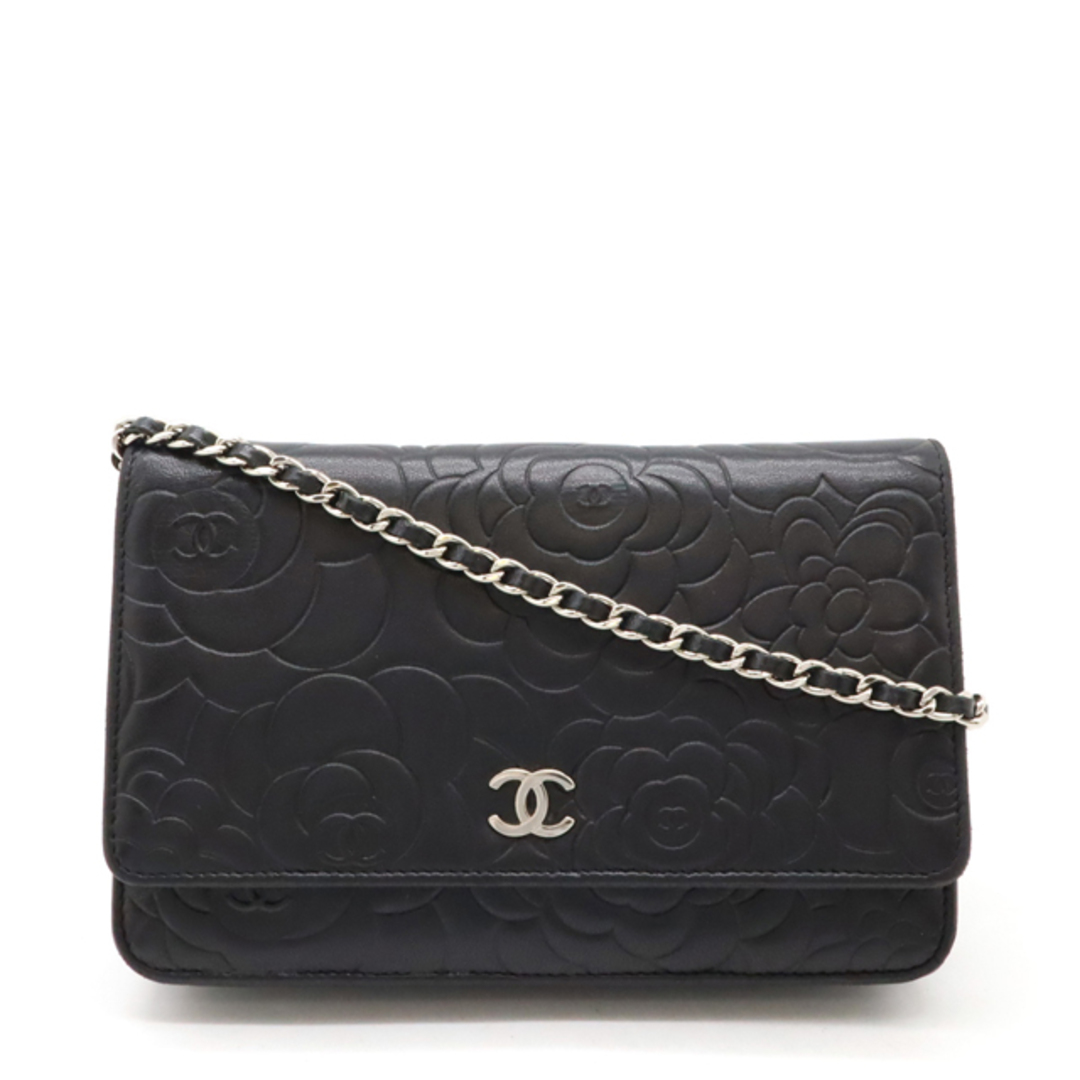 CHANEL - CHANEL シャネル カメリア チェーンウォレット ショルダーバッグ ポシェット 斜め掛け ラムスキン レザー ブラック 黒 シルバー金具 A47421