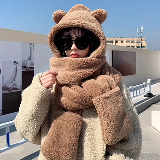 【新品】女性用 かわいいクマの耳付きフードマフラー 220cm(マフラー/ショール)