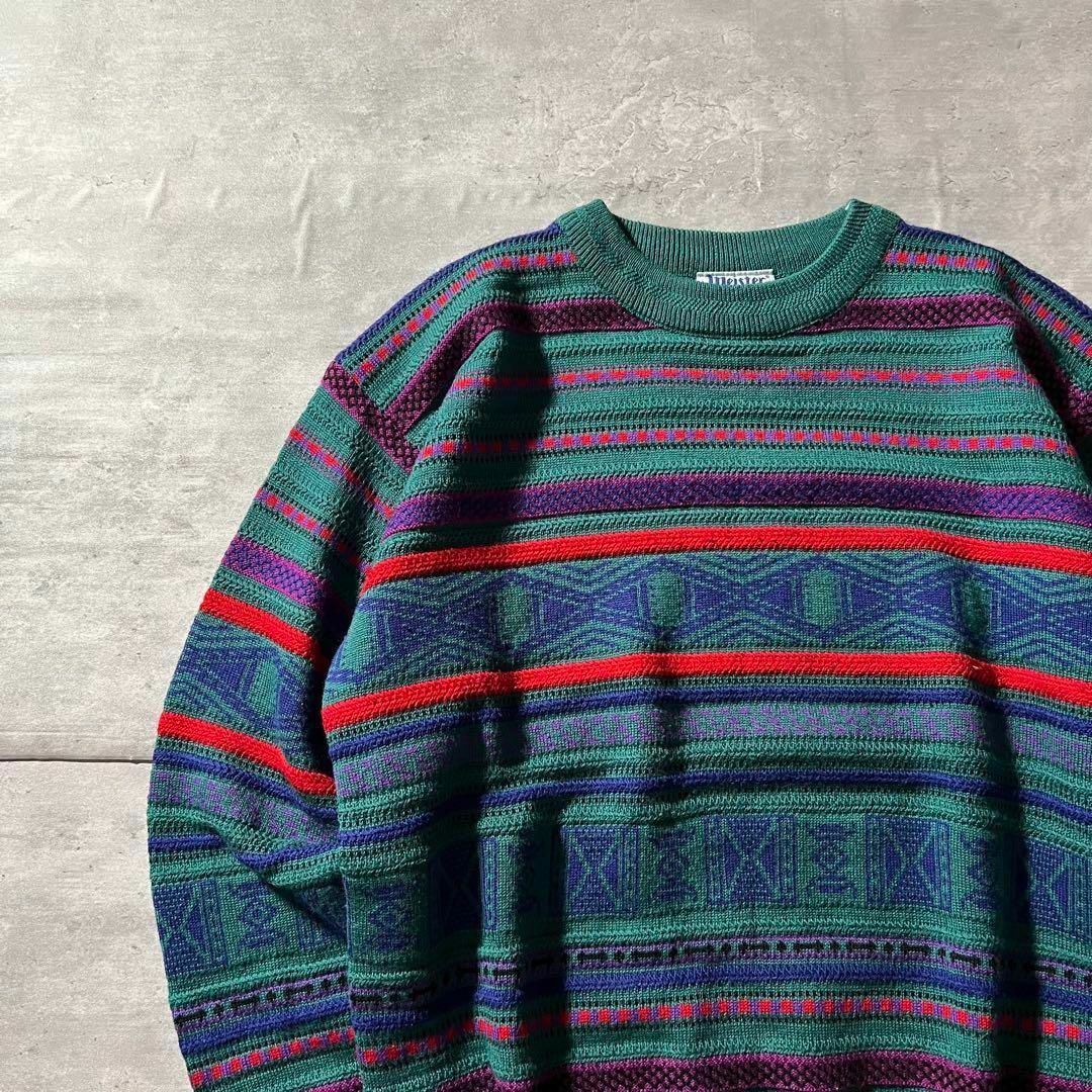 香港製、ボーダー立体ニット】vintageレトロ古着3Dニットライク 香港製、ボーダー立体ニット】vintageレトロ古着3Dニットライク