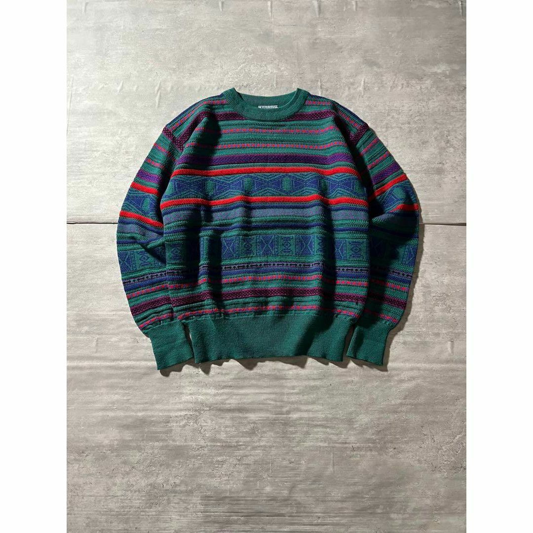 香港製、ボーダー立体ニット】vintageレトロ古着3Dニットライク 香港製、ボーダー立体ニット】vintageレトロ古着3Dニットライク