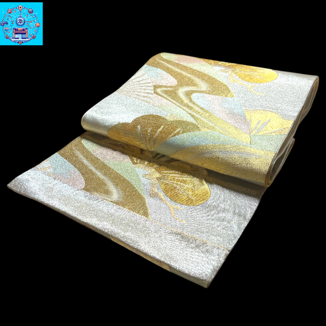 美品】 六通柄袋帯 松扇流水模様 金銀糸 振袖 黒留袖 色 美品】 六通柄袋帯 松扇流水模様 金銀糸 振袖 黒留袖 色