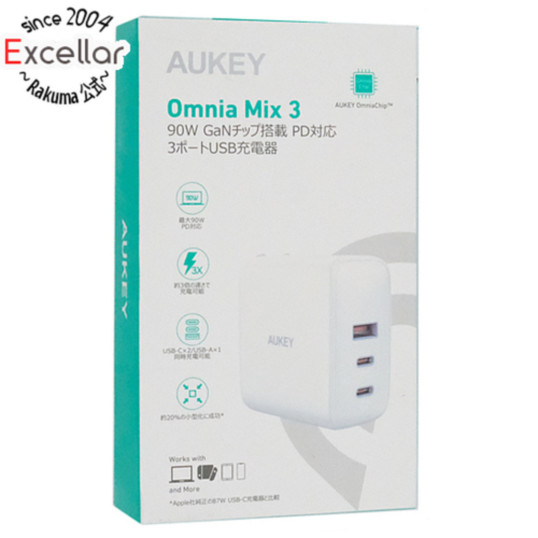 AUKEY 90W 3ポートUSB充電器 PA-B6S ホワイト スマホ/家電/カメラのスマートフォン/携帯電話(バッテリー/充電器)の商品写真