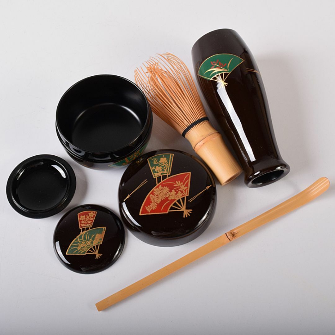 黒漆 扇文蒔絵 茶箱 加藤昌山造 茶碗 扇文蒔絵 棗など 九点一式