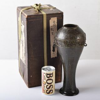 中国　古銅　漢詩饕餮文　双耳瓶　時代箱付　M　R8223B(金属工芸)