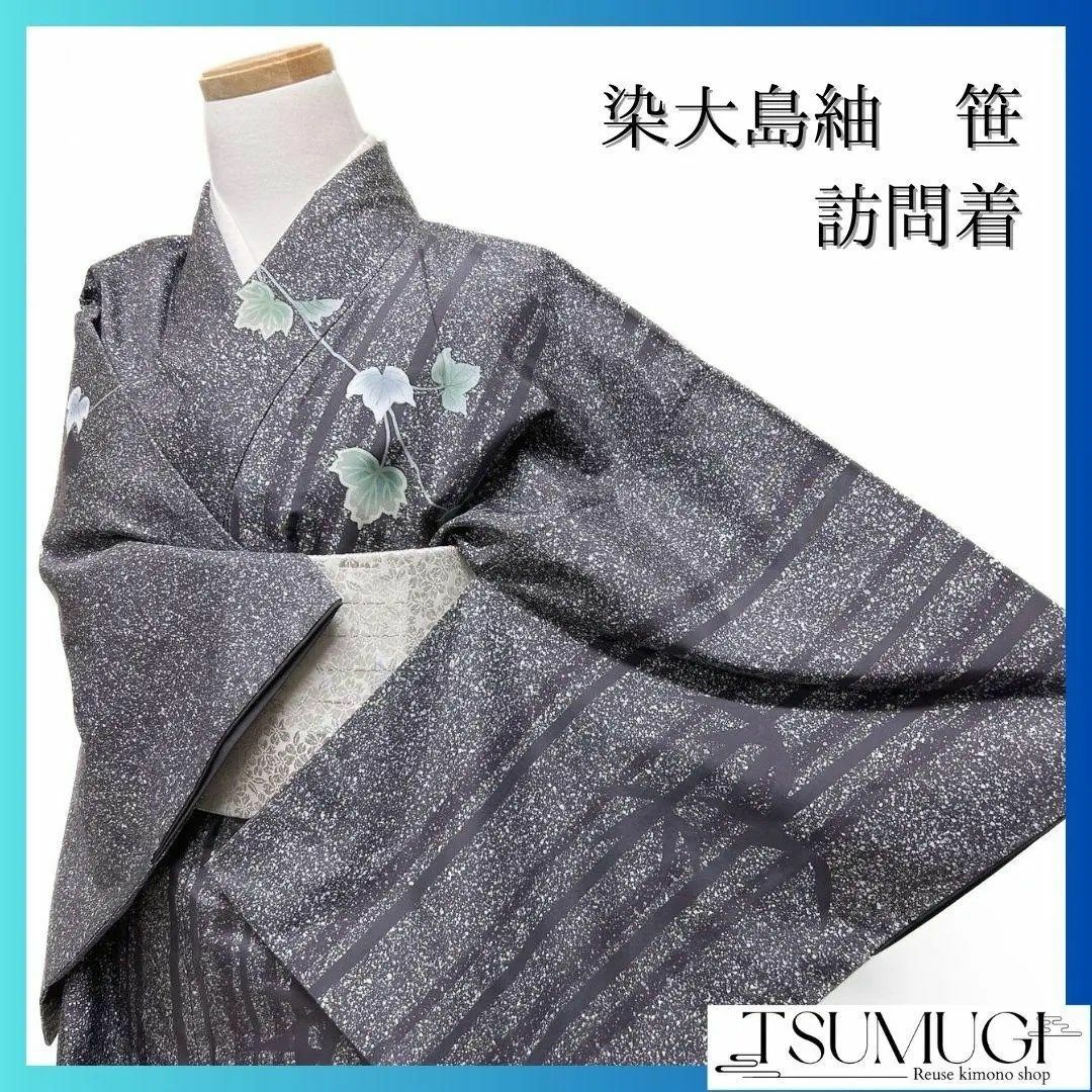 染大島紬 縦縞 笹 リーフ模様 訪問着 着物 093w p 染大島紬 縦縞 笹 リーフ模様 訪問着 着物 093w p