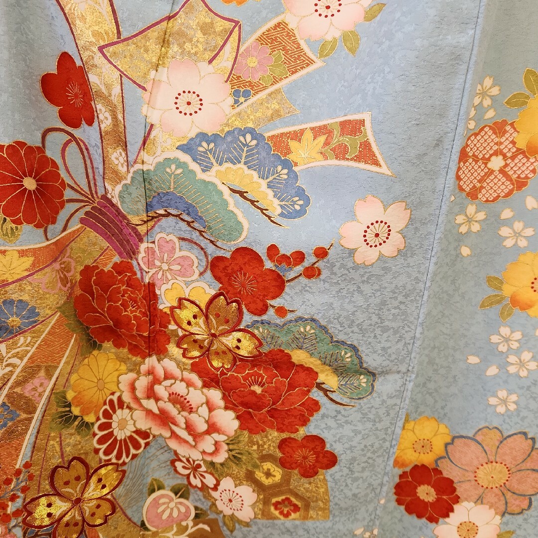 12-105 正絹 振袖 豪華 金駒 金彩 紋意匠 身丈168cm 水色 12-105 正絹 振袖 豪華 金駒 金彩 紋意匠 身丈168cm 水色