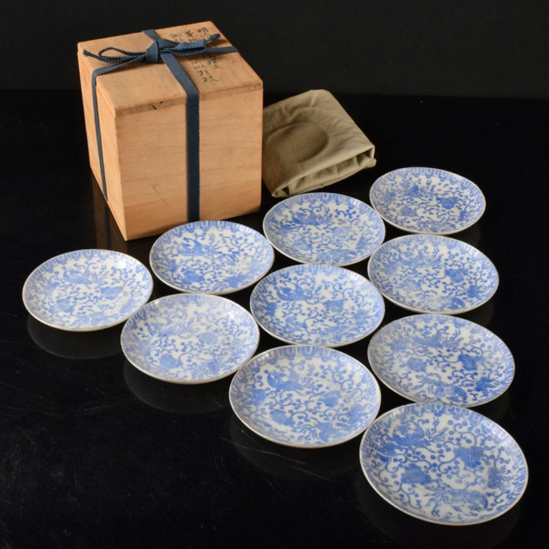 明治末期　銅板転写染付　華桐鳳凰文　巾皿　十枚　時代箱付　M　R8253