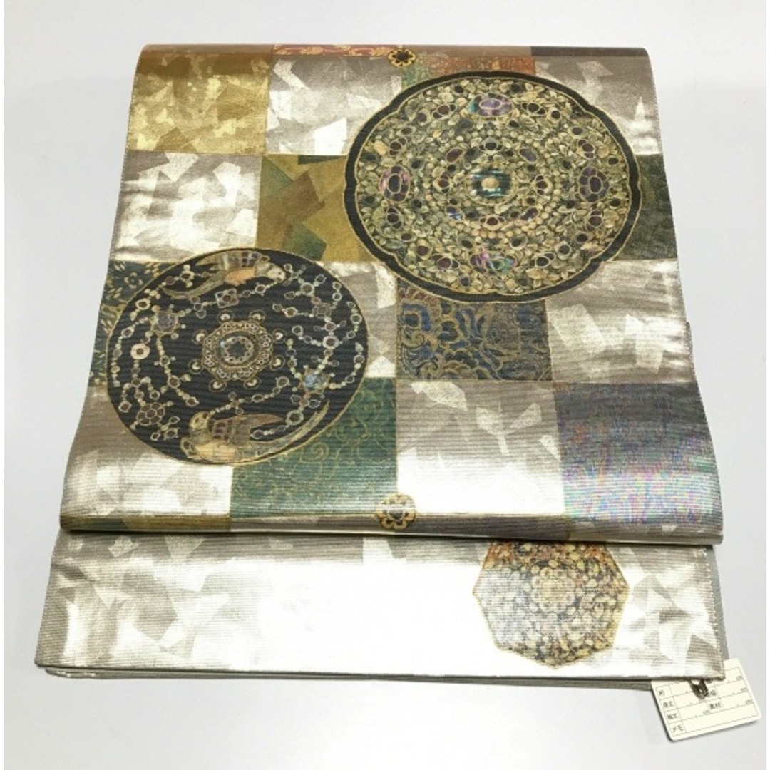 【中古】袋帯 正絹 シルバー地に華紋文様