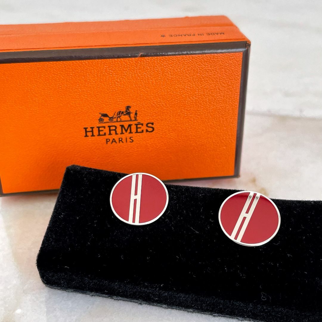 極美品☆HERMES エルメス Hロゴ カフスボタン レッド×シルバー 極美品☆HERMES エルメス Hロゴ カフスボタン レッド×シルバー