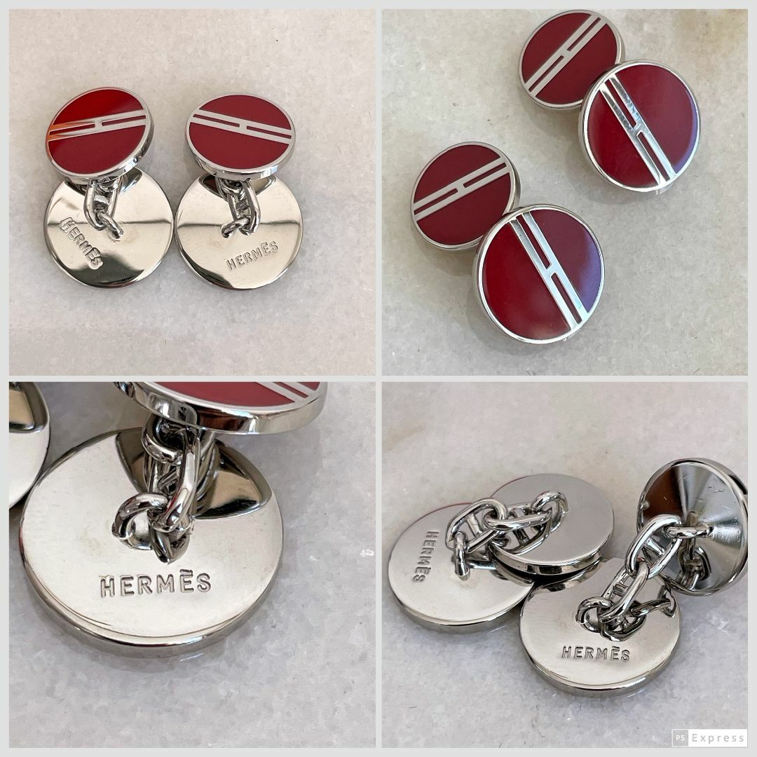 極美品☆HERMES エルメス Hロゴ カフスボタン レッド×シルバー 極美品☆HERMES エルメス Hロゴ カフスボタン レッド×シルバー