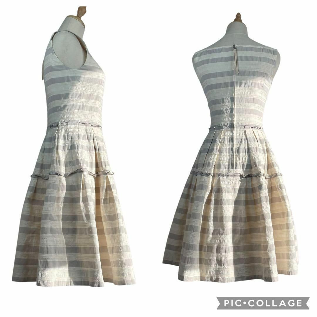 美品】フォクシー☆ボーダーフレアワンピース ベージュ コットン 美品】フォクシー☆ボーダーフレアワンピース ベージュ コットン