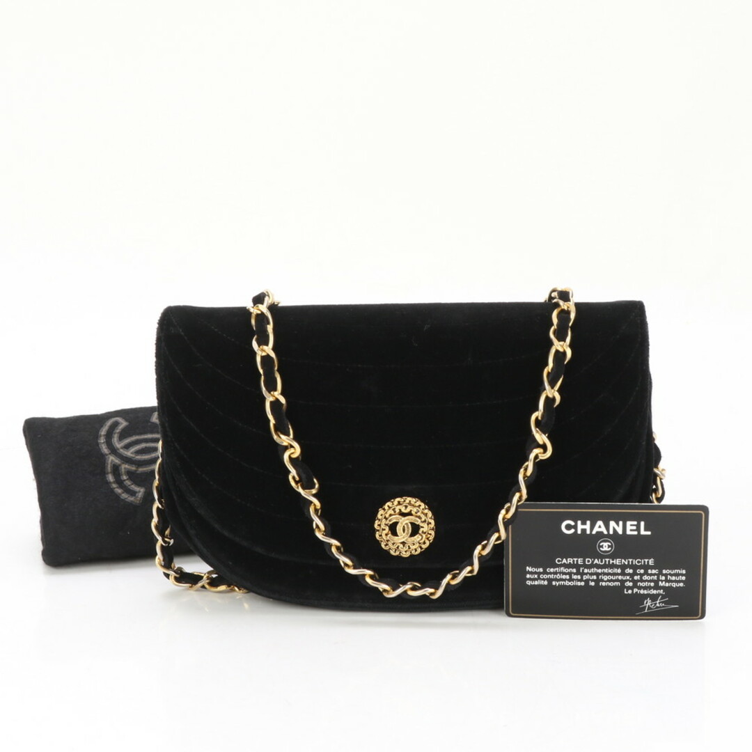 CHANEL - 極美品 シャネル ギャランティ付 ハーフムーン ベルベット チェーン ショルダーバッグ 肩掛け ブラック 黒 レディース MMM BH11-3