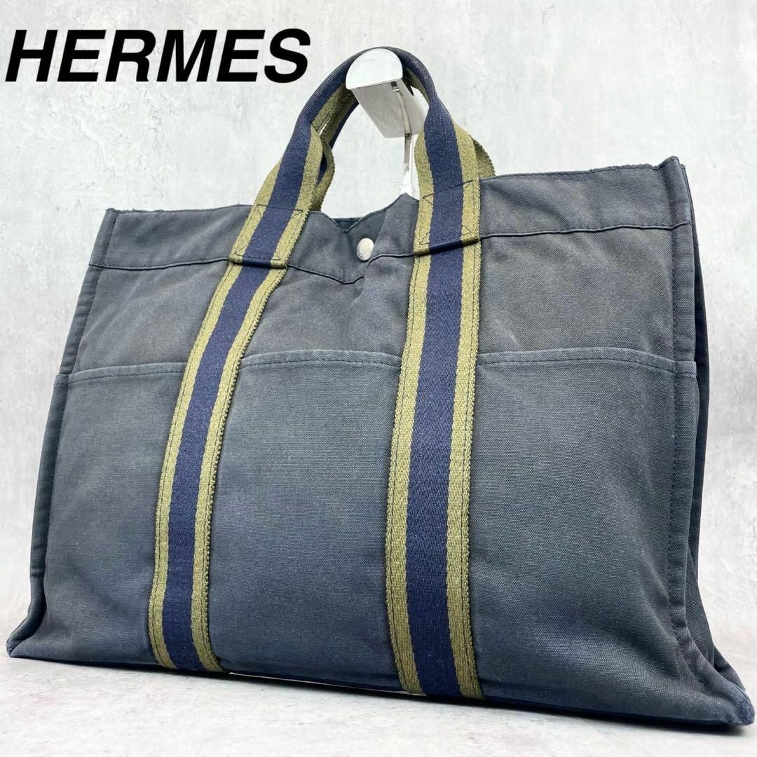 良品✨】 HERMES フールトゥPM トートバッグ キャンバス ネイビー 良品✨】 HERMES フールトゥPM トートバッグ キャンバス ネイビー