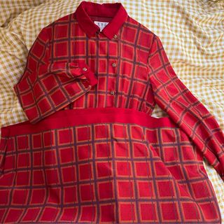 古着 昭和レトロ レトロ ワンピース シャツ 赤 レッド M L ロング(ロングワンピース/マキシワンピース)