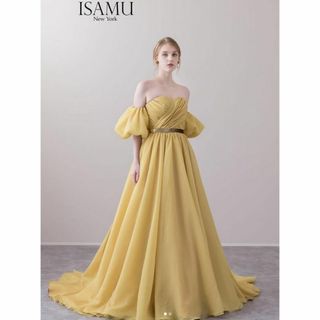 カラードレス イエロー ベアトップ パフスリーブ サッシュベルト 披露宴(ウェディングドレス)