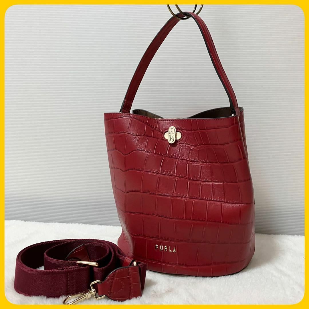 未使用級 FURLA ダナエ 2way クロコ ショルダー バッグ 革 現行ロゴ 未使用級 FURLA ダナエ 2way クロコ ショルダー バッグ 革 現行ロゴ