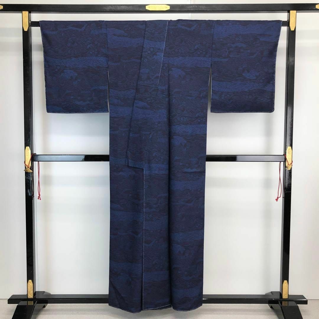 紬着物 作家物 藍型染 風景柄 紺色 しつけ糸 K-4275 紬着物 作家物 藍型染 風景柄 紺色 しつけ糸 K-4275
