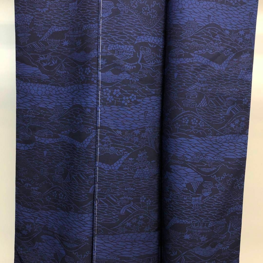 紬着物 作家物 藍型染 風景柄 紺色 しつけ糸 K-4275 紬着物 作家物 藍型染 風景柄 紺色 しつけ糸 K-4275