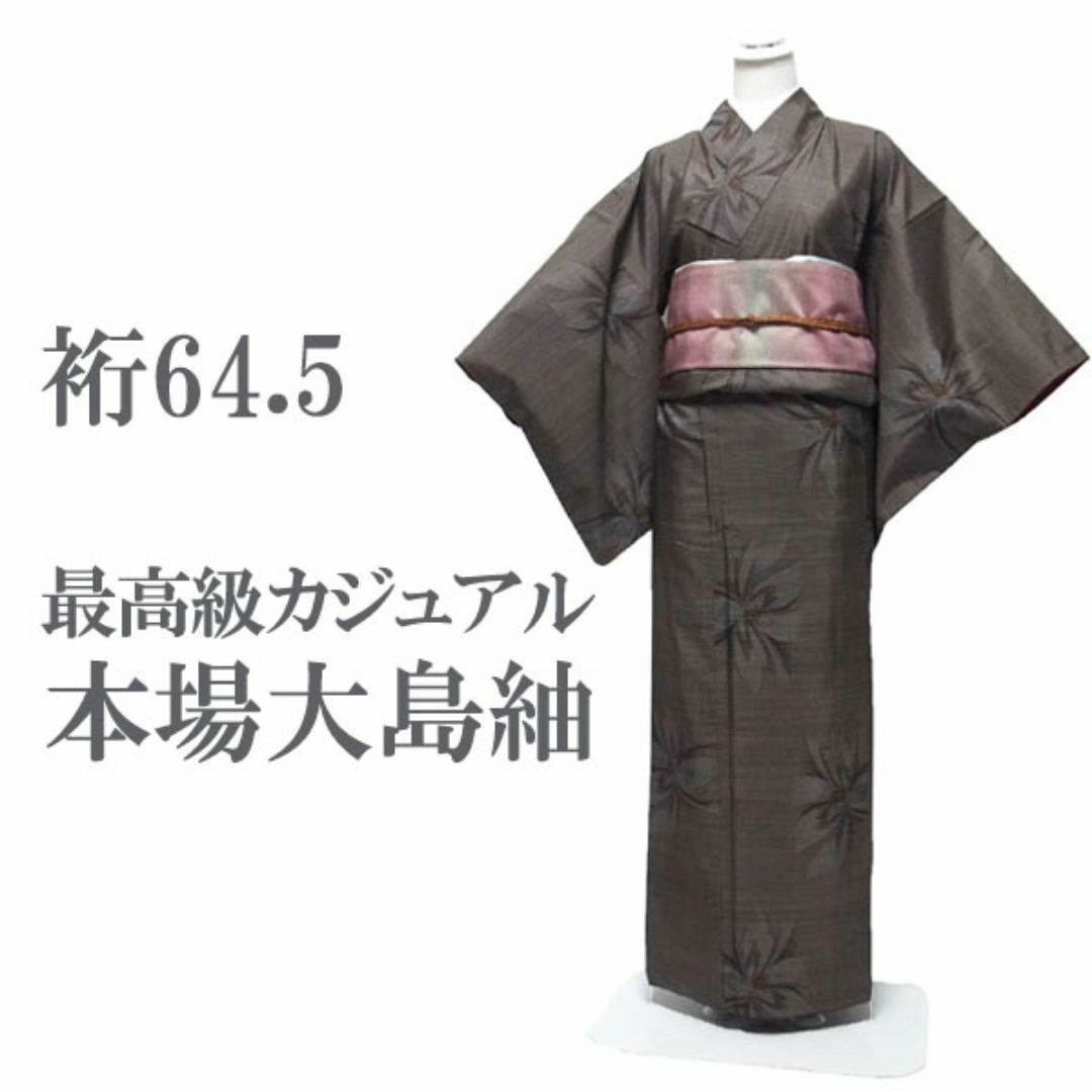 本場大島紬 着物 7マルキ カタス式 泥染 花 裄64.5 Ｍ 中古 sn690