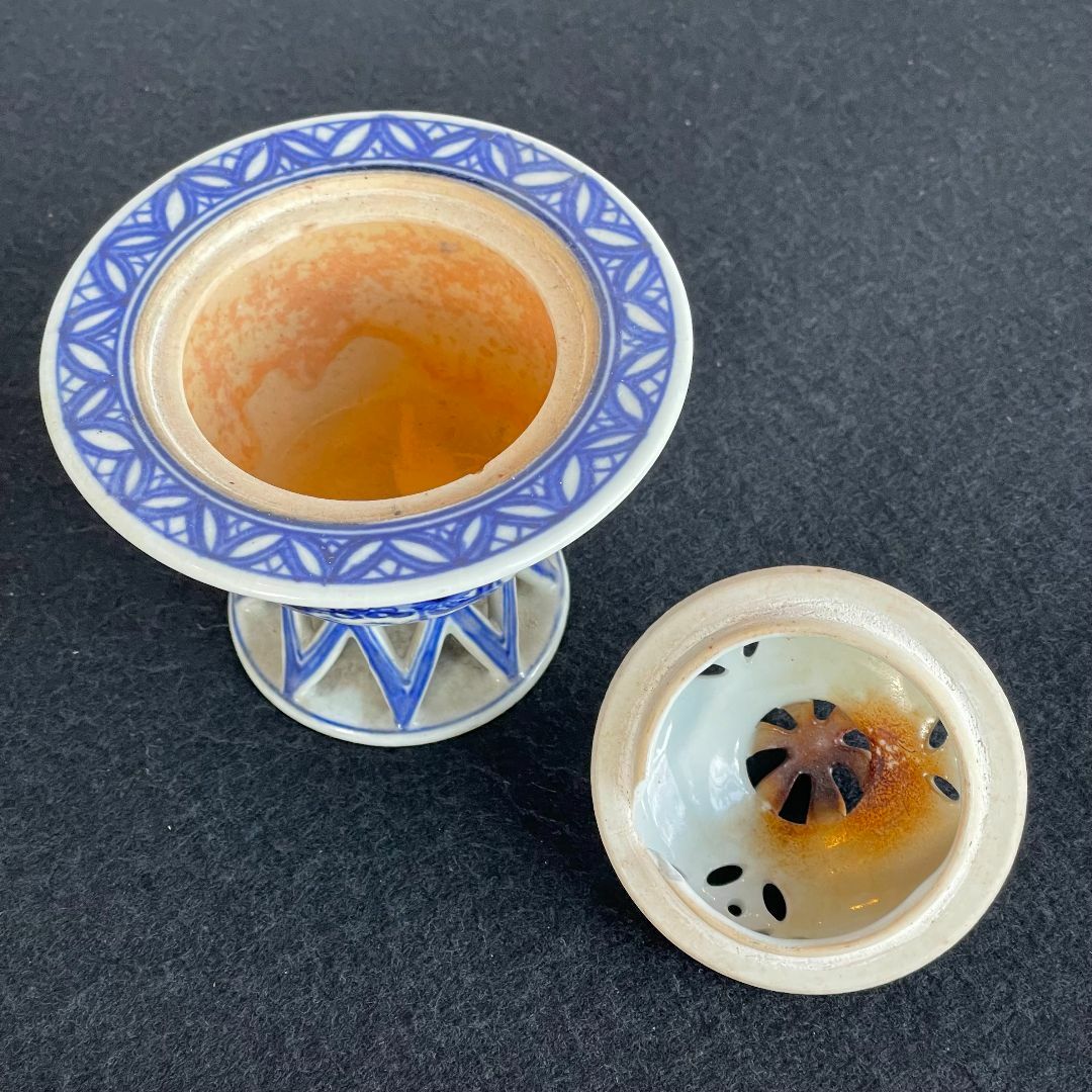 香炉 染付 山水 馬 菊 桐箱 在銘 茶道具 香道具 陶芸 焼物 古