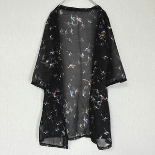 半袖 シアーカーディガン 鳥 総柄 カジュアル オシャレ 可愛い 黒(カーディガン)