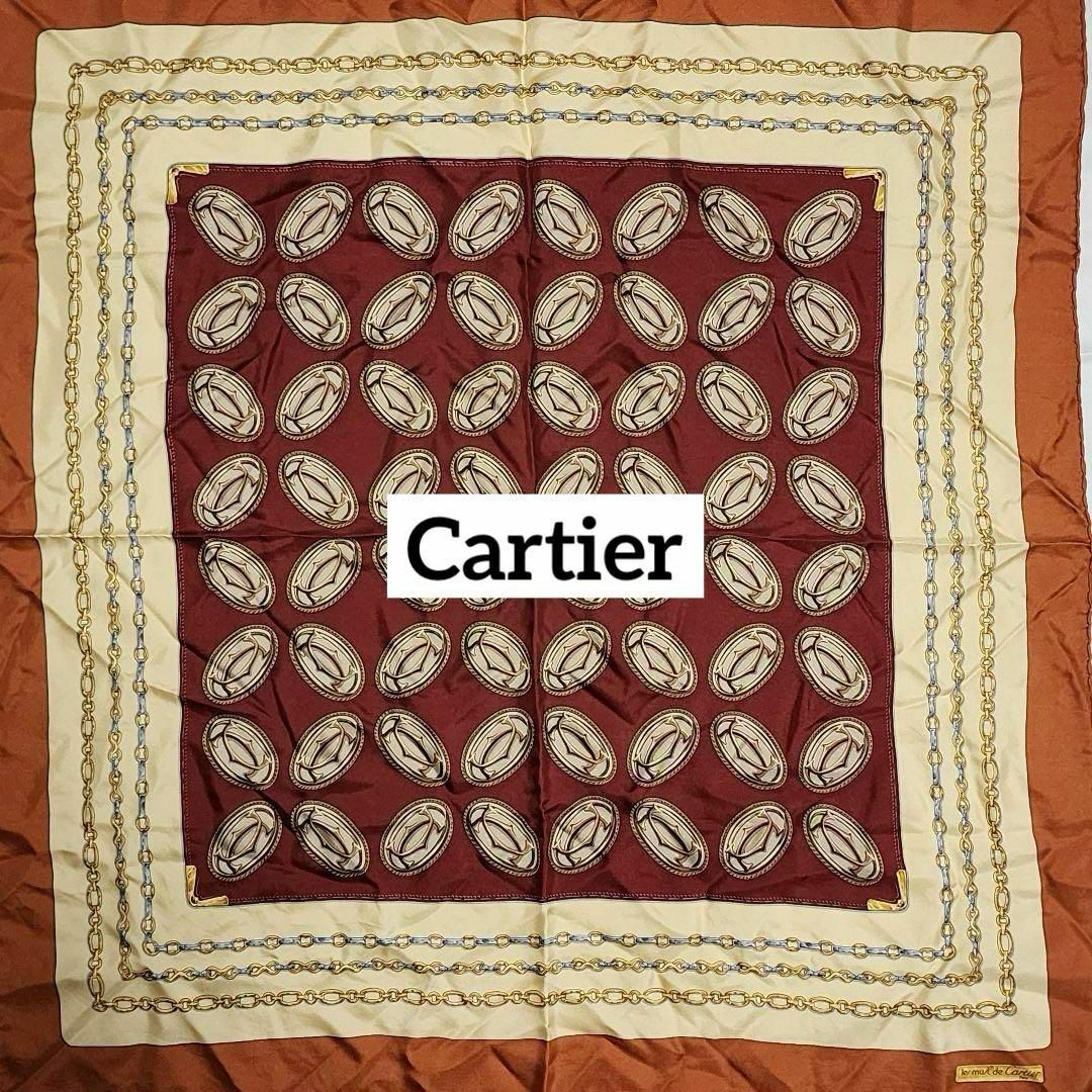 ☆Cartier☆ スカーフ ロゴ チェーン シルク ブラウン ワインレッド ☆Cartier☆ スカーフ ロゴ チェーン シルク ブラウン ワインレッド