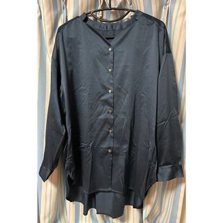 レディース ノーカラー長袖シャツ 3L モスグリーン ゆったり大きめサイズ(シャツ/ブラウス(長袖/七分))
